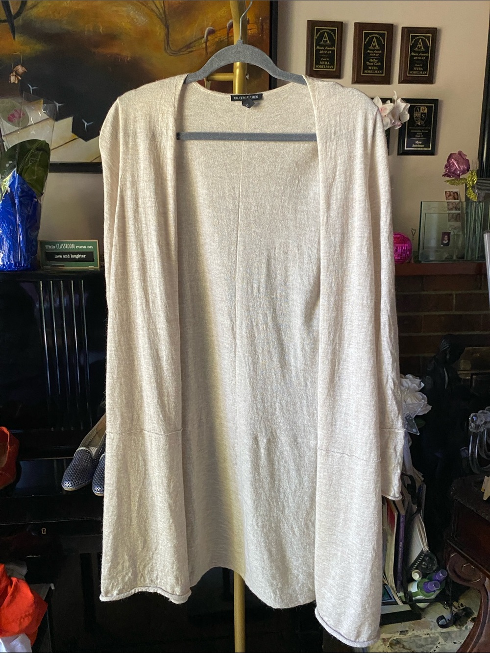 Eileen Fisher Open-Front Cardigan in Oatmeal and Gray Trim